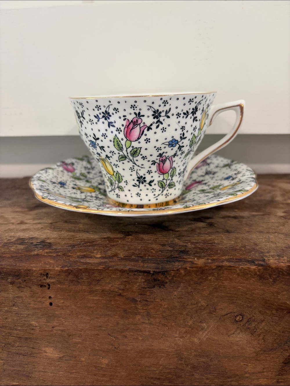 Classic Floral Bone China Tea Cup & Saucer - Pink & Yellow